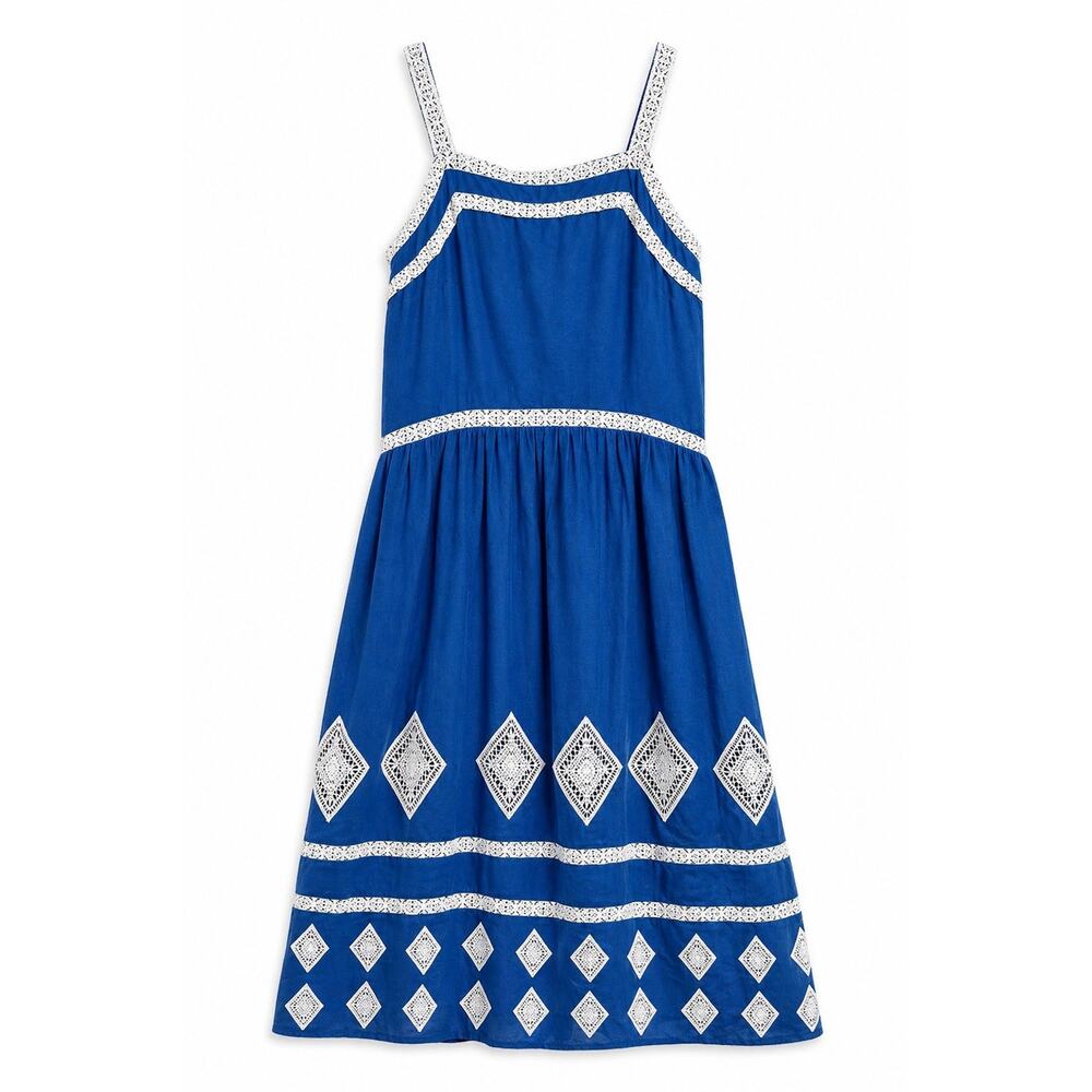 Blue Boho Midi Dress White Lace Trim Sleeveless Strap Sundress Women’s Size S
